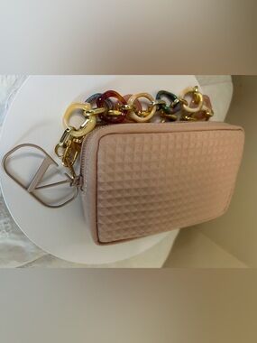 Valentino Quilted Light Pink Clutch with Iridescent Chain
